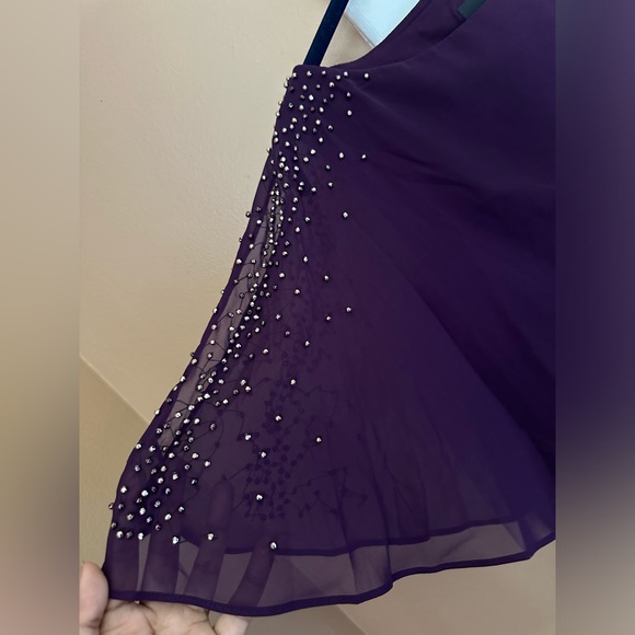 NWOT XSCAPE Purple Stretch Embellished Cape Overlay Sleeveless Dress; women’s 8 - Picture 5 of 11